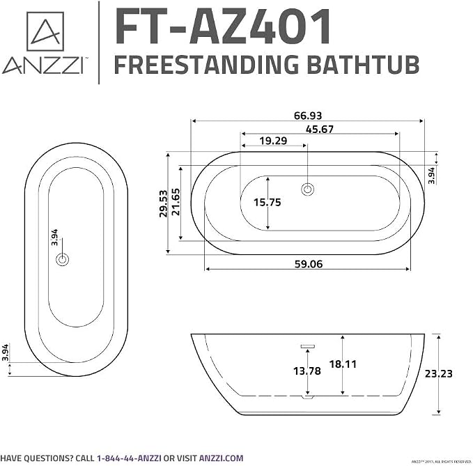 ANZZI Freestanding Tub 67”, Soaker Tub, Acrylic Center Drain, Luxury Spacious - Image 9