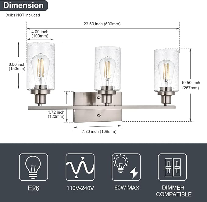 Bathroom Light Fixtures 3-Lights Seeded Glass in Brushed Nickel Finish - Image 4