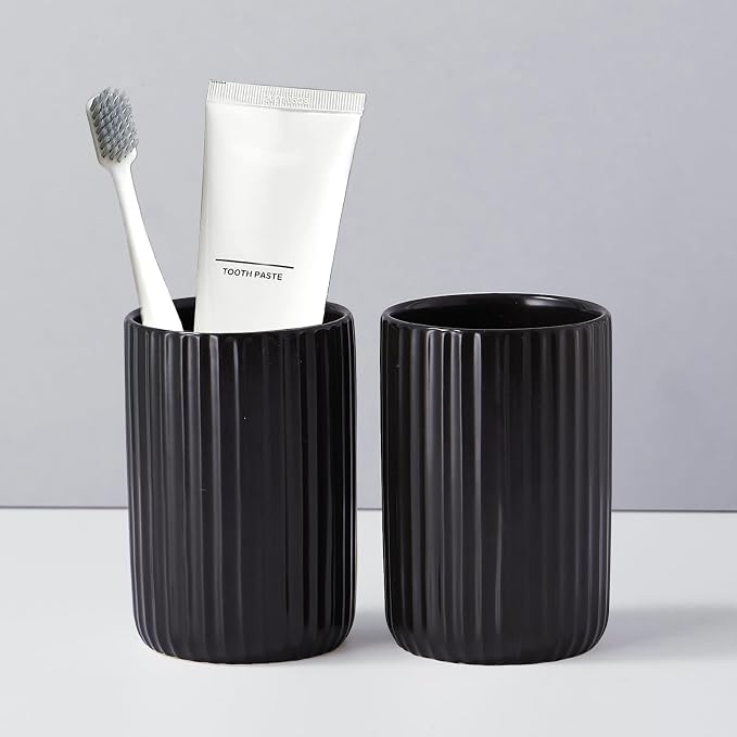 Black Toothbrush Holder, Ceramic Tooth Brush Holder Set, Ribbed Bathroom Cups by YabcY