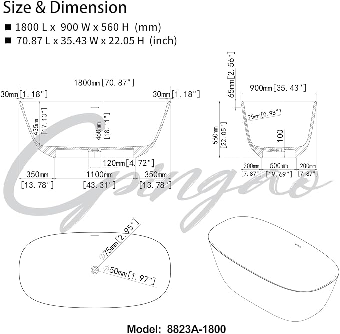 Cpingao 71" Stone Resin Freestanding Bathtub, Solid Surface Soaking Tubs - Image 5