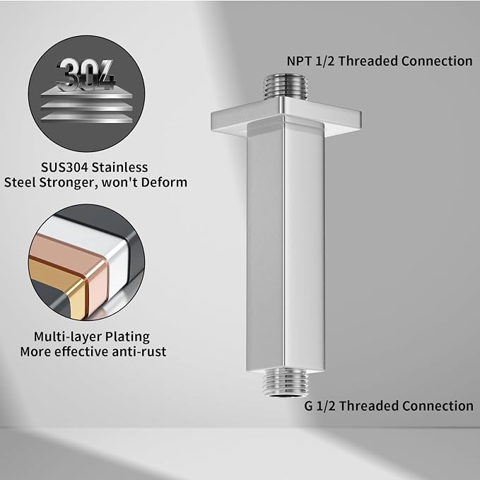 Chrome Shower Arm, 4 inch, Ceiling Mount Square Straight Shower Extension Arm - Image 2