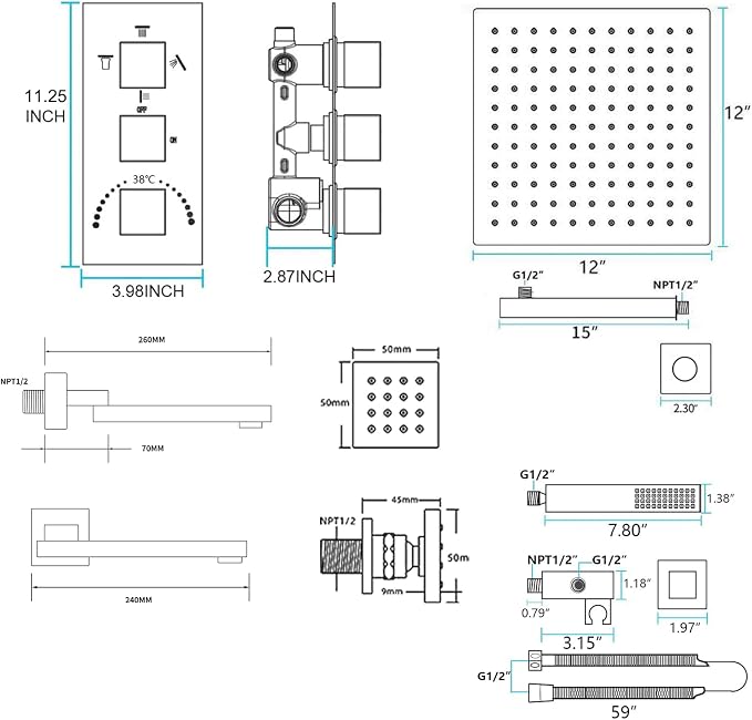 Thermostatic Shower System Matte Black Shower Fixtures 12 Inch Wall Mounted - Image 9