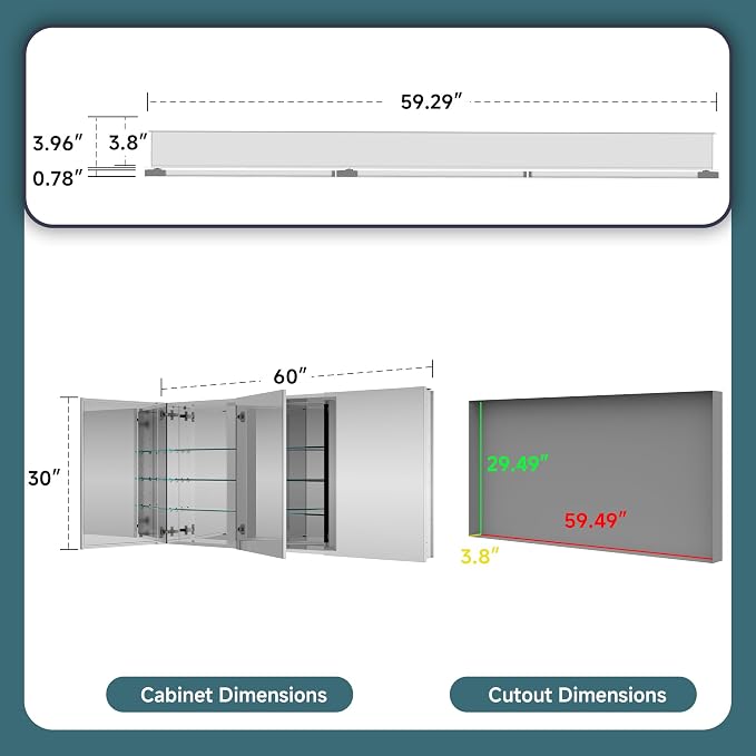 60"x30" Medicine Cabinet Mirror, Aluminum Silver Recessed Medicine Cabinet - Image 2