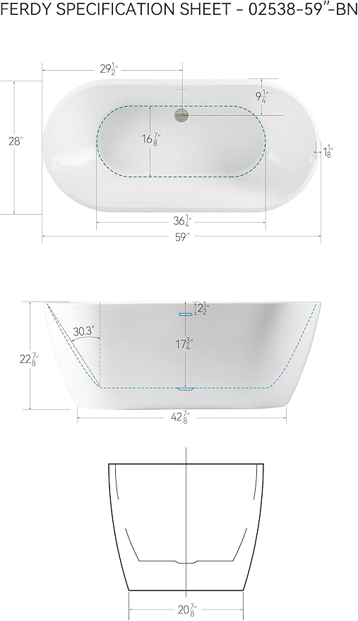 FerdY Bali 59" Acrylic Freestanding Bathtub, Gracefully Shaped Freestanding - Image 4
