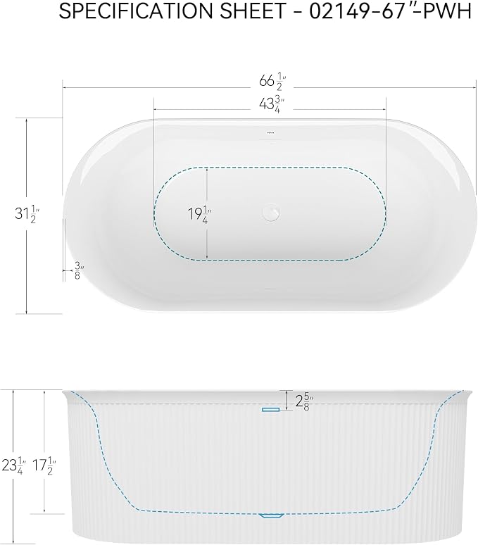FerdY Nami 67" Acrylic Freestanding Bathtub, V Shape Freestanding Soaking - Image 8