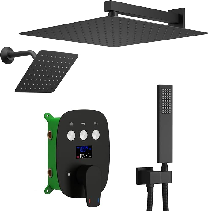 Matte Black Shower System Set Temperature Display Push Button Shower Faucet by KATAIS