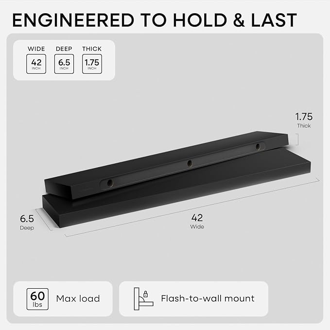Homeforia Floating Black Shelf 42 inch, High End Solid Real Wood 42 inches Long - Image 3