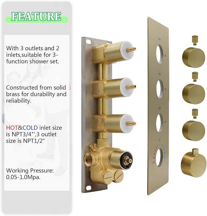 HOMEDEC 3 Function Shower Mixing Valve and Trim Kit, Brushed Gold 3 Ways - Image 8