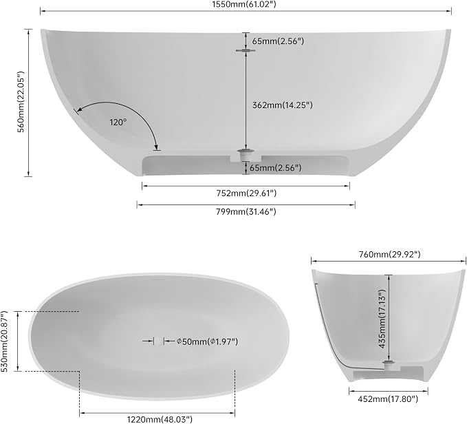 Premium 61" Solid Surface Freestanding Bathtubs, Repose-Grey Oval Stone Resin - Image 5