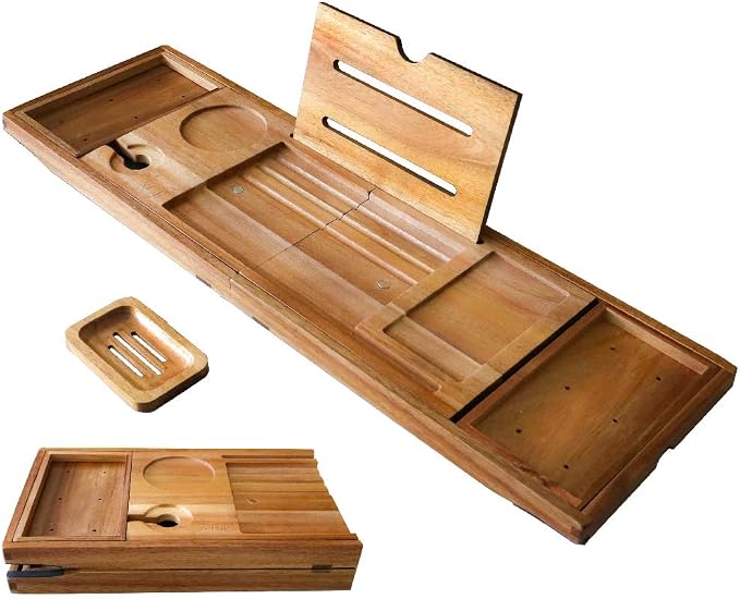 XcE Foldable Acacia Wood Bathtub Caddy Tray by XCE