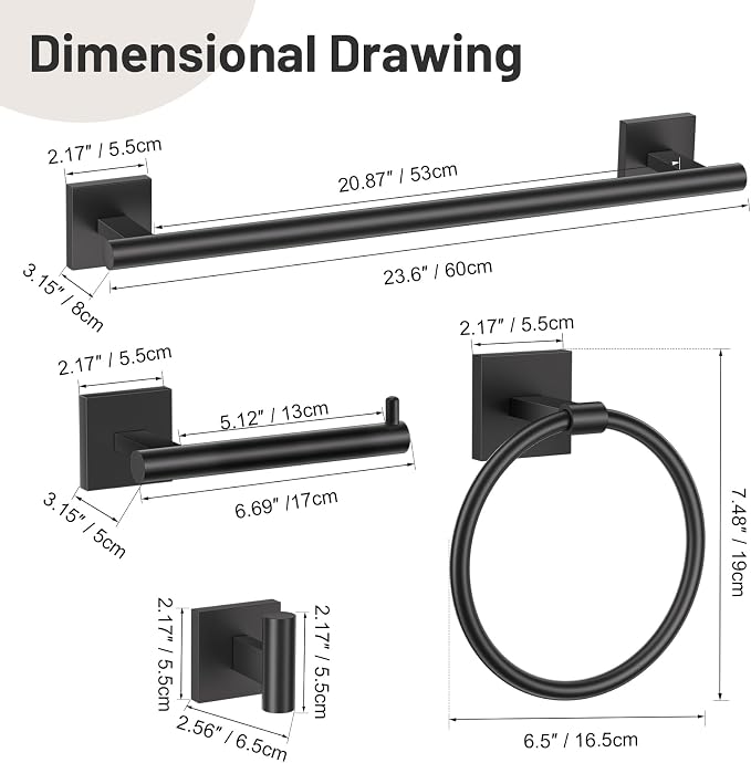 5 Pieces Bathroom Hardware Set Matte Black Towel Bar Set Includes 23.6” Towel - Image 7