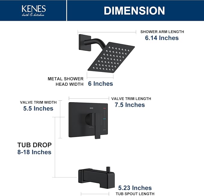KENES Tub Shower Faucet Set Complete, Matte Black Tub and Shower Trim Kit - Image 6