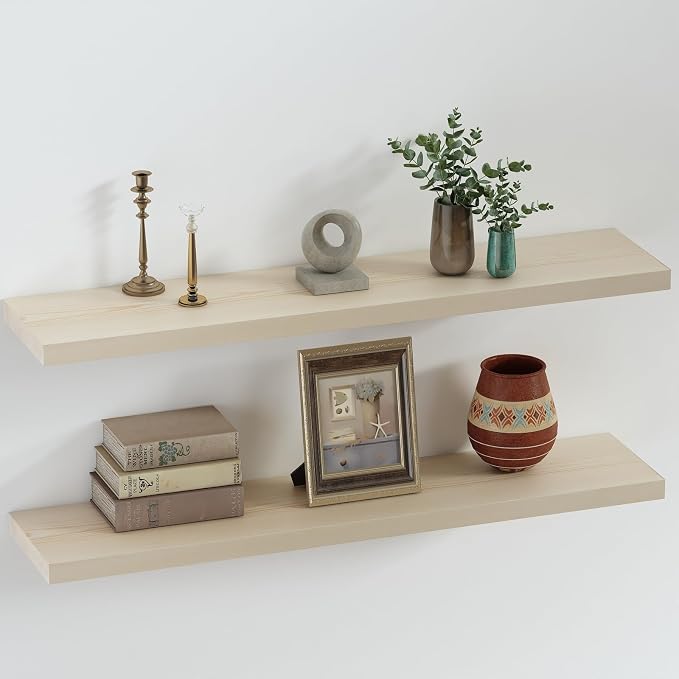 SAUMONIERES Floating Shelves 8 Inch Deep Solid Wood Wide Wall Shelf Set of 2 by Saumonieres