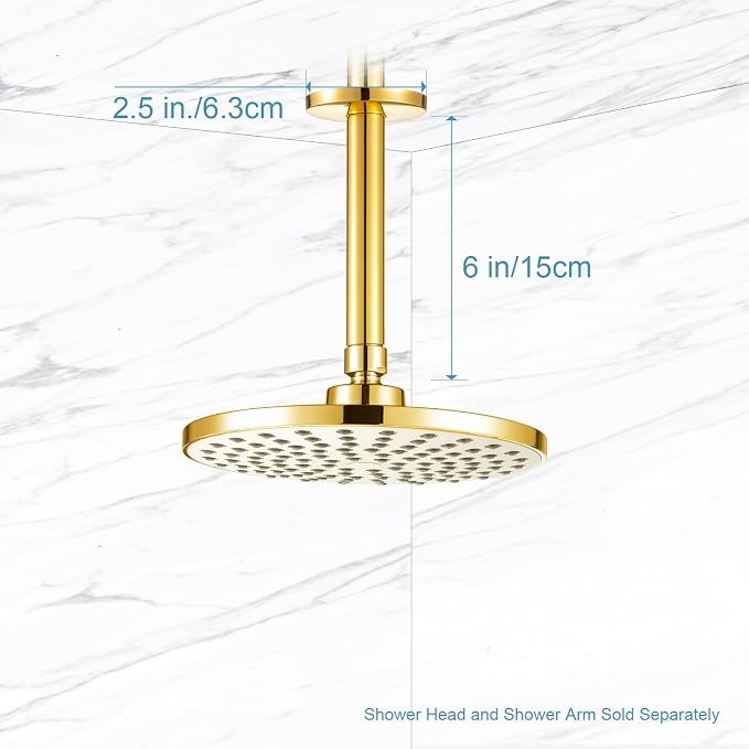 OFFO Shower Arm with Flange, Bright Gold 6 in Ceiling Mount Replacement Rain - Image 5