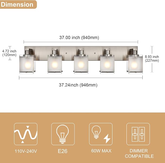 5-Lights Bathroom Vanity Light Fixtures, Modern Brushed Nickel Wall Sconce - Image 4