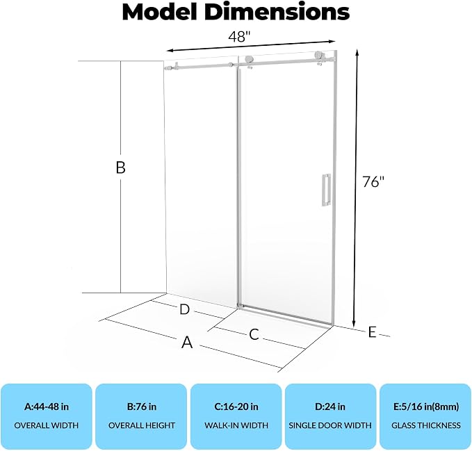 44-48" W x 76" H Frameless Sliding Shower Doors, Made - Image 2