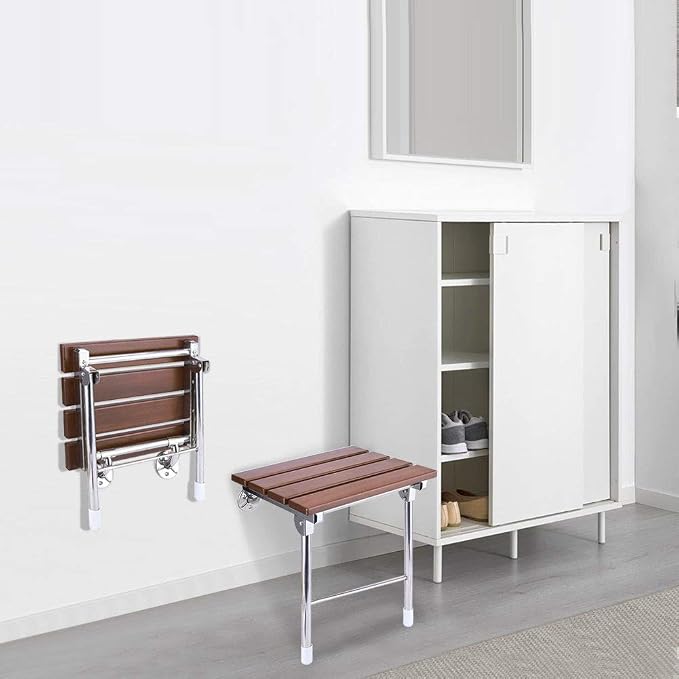 Folding Shower Seat Wall Mounted Bathroom Bathtub Safety Stool Chair, Solid Wood - Image 3