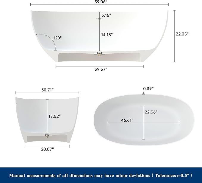59" Premium Solid Surface Freestanding Bathtubs, Upgraded Matte White Modern - Image 4