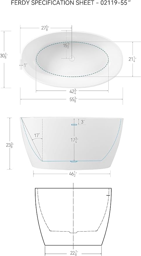 FerdY Tahiti 55" Acrylic Freestanding Bathtub, Elegant Oval Shape Soaking - Image 6