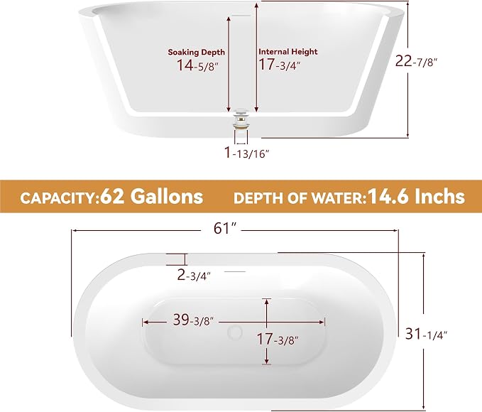 61 in. x 31 in.Classic Oval Acrylic Free Standing Tub, Heavy Duty Deep Soaking - Image 7