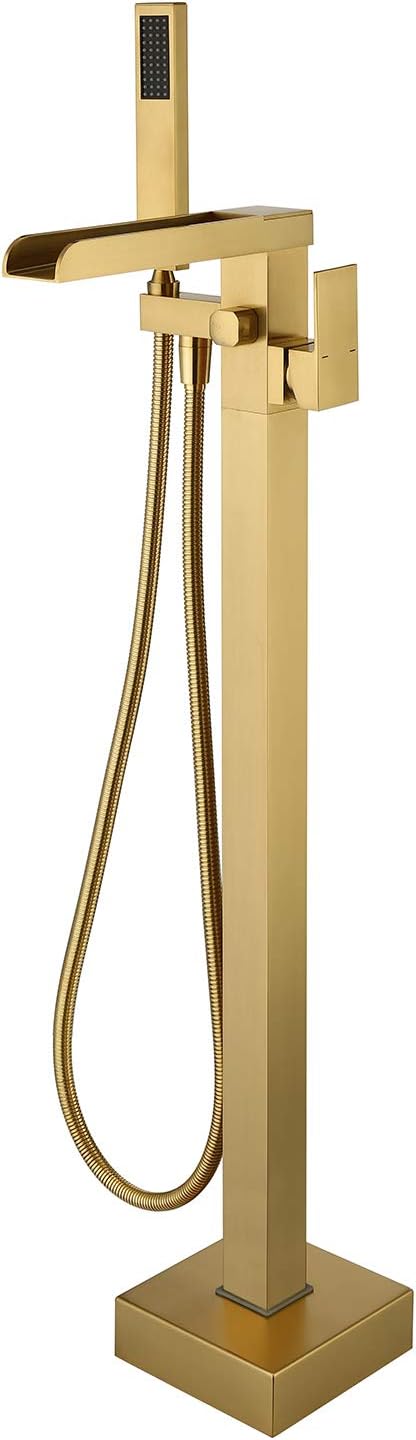 Freestanding Bathtub Faucet Brushed Gold Waterfall Tub Filler Floor Mount Brass by wowkksanitaryware