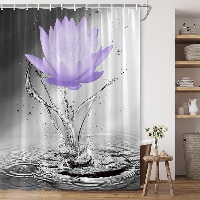 Lotus Shower Curtain Black White Grey Violet Flower Elegant Blooming Floral - Image 4