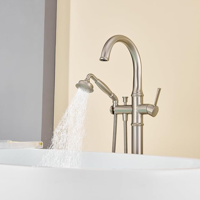 Freestanding Tub Faucet Floor Mount Tub Filler Brushed Nickel Free Standing - Image 7