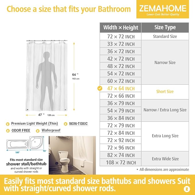Short Size PEVA Plastic Shower Curtain Liner Premium Light Weight 47" x 64" - Image 2