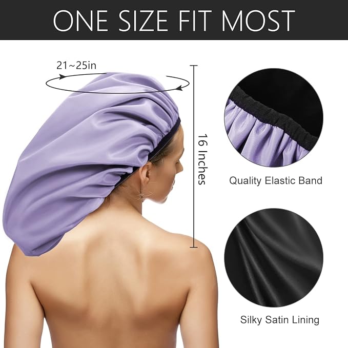 Auban Extra Large Shower Cap, Double-Layer Waterproof Reusable Satin Lining - Image 2