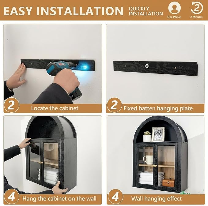 Black Arched Wall Cabinet, Glass Display Wall Mounted Cabinet - Image 3
