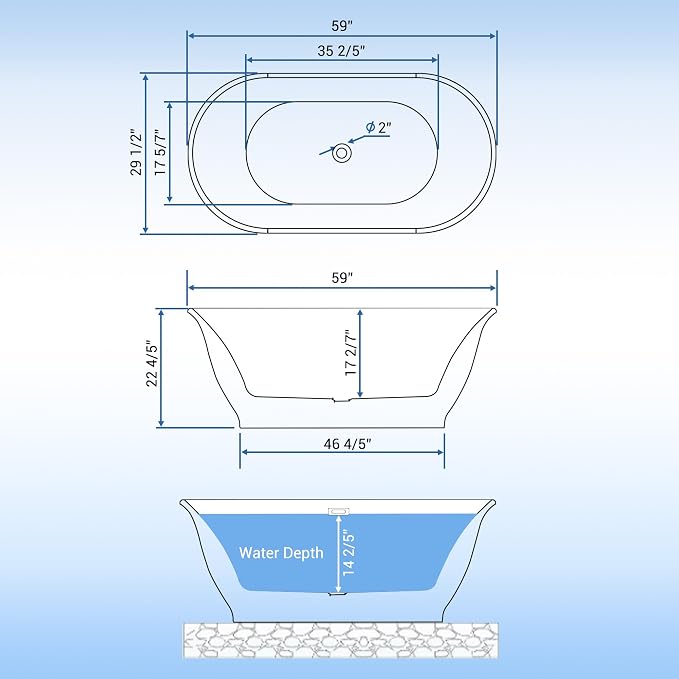 Freestanding Bathtub, 59 Inch Acrylic Soaking Tub, Elliptical Design - Image 3