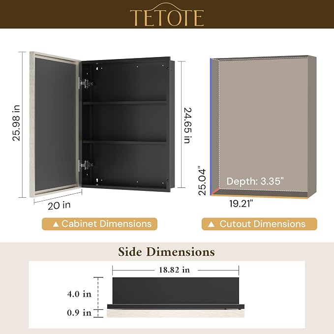 TETOTE Brushed Nickel Medicine Cabinet 20" x 26" Recessed or Surface - Image 2