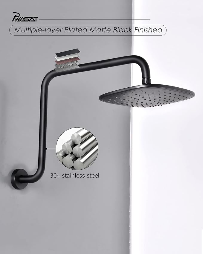 PHASAT 16 Inches Black Shower Head Arm, S Shaped Shower Arm - Image 3