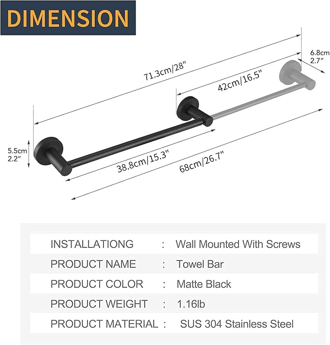 BESy Adjustable 15 to 26 Inch Single Bath Towel Bar Rack - Image 4