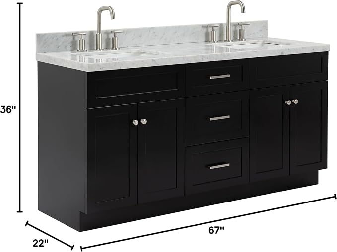 ARIEL Hamlet 67" Black Double Vanity, 1.5" Edge Italian Carrara Marble - Image 2