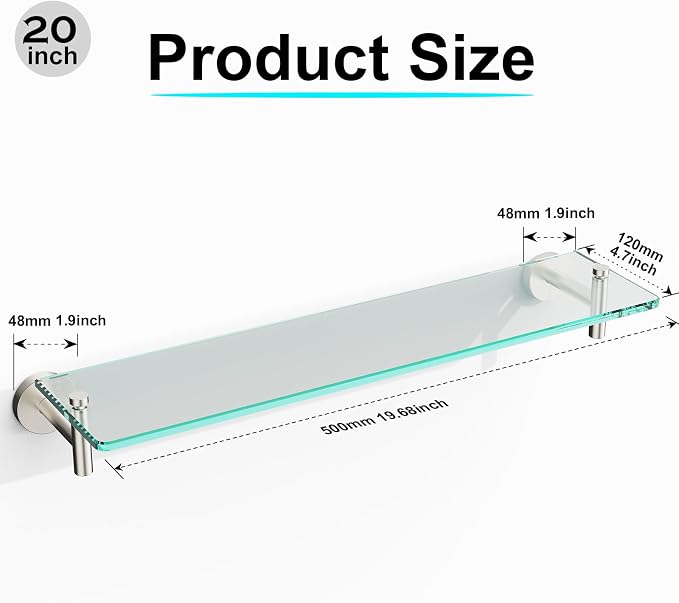 Glass Shelves for Bathroom, 20-Inch Brushed Nickel Floating Bathroom Shelf - Image 3