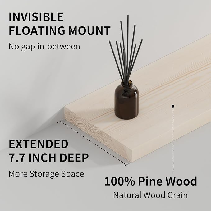 SAUMONIERES Floating Shelves 8 Inch Deep Solid Wood Wide Wall Shelf Set of 2 - Image 5