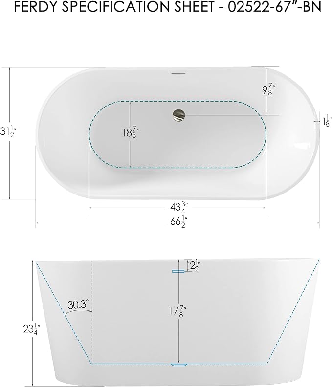 FerdY Shangri-La 67" Acrylic Freestanding Bathtub, Classic Oval Shape Acrylic - Image 4
