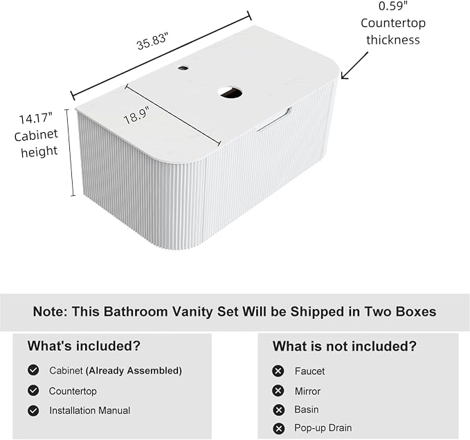 36" Floating Bathroom Vanity Without Sink, Marble Top, Solid Wood Surface and - Image 2