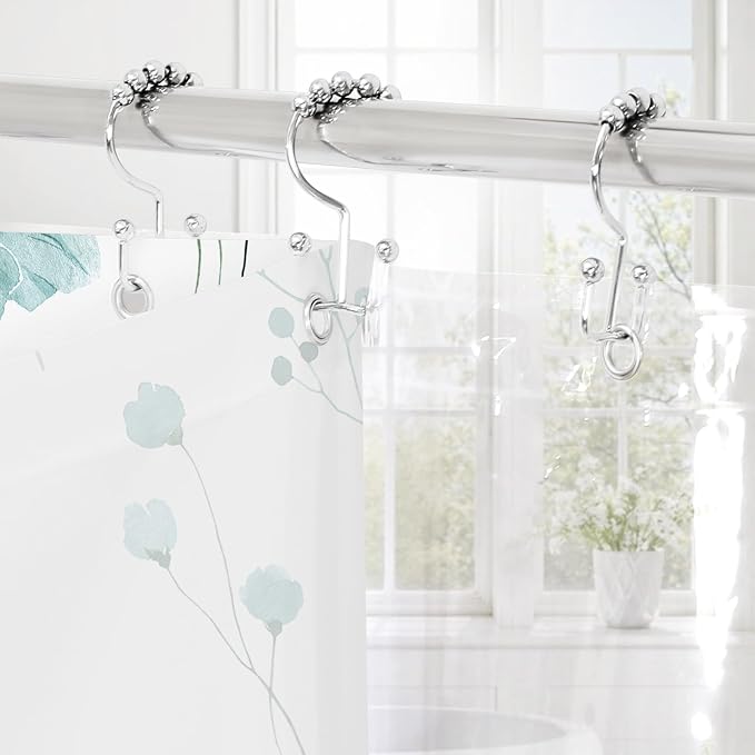 Gibelle 3 in 1 Shower Curtain Set, Teal Watercolor Floral Bath Curtain and PEVA - Image 2