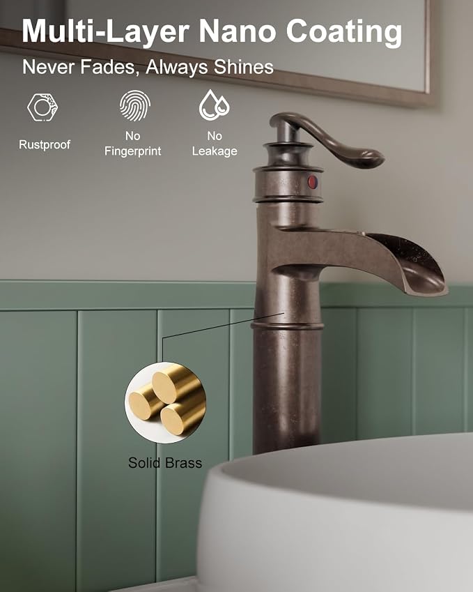 BWE Vessel Sink Faucet Waterfall Antique Copper Single Hole - Image 5