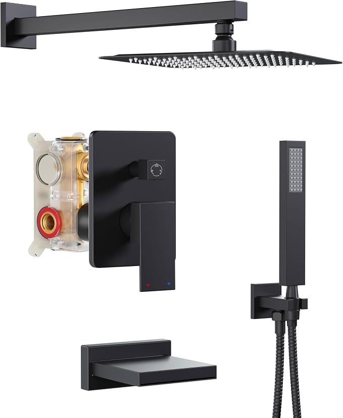 Black Shower System with Tub Spout, All Metal Tub Shower Faucet Set with 10" by HoliSpa