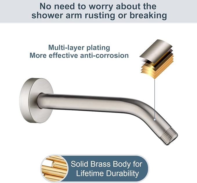 BRIGHT SHOWERS Shower Arm with Flange 10 Inches Solid Brass Shower Head - Image 2