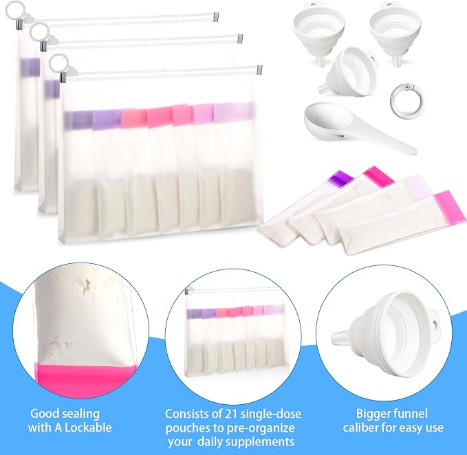 67pcs Protein Powder Travel Container Set 42 Single Dose Bags 6 Large Reusable - Image 3