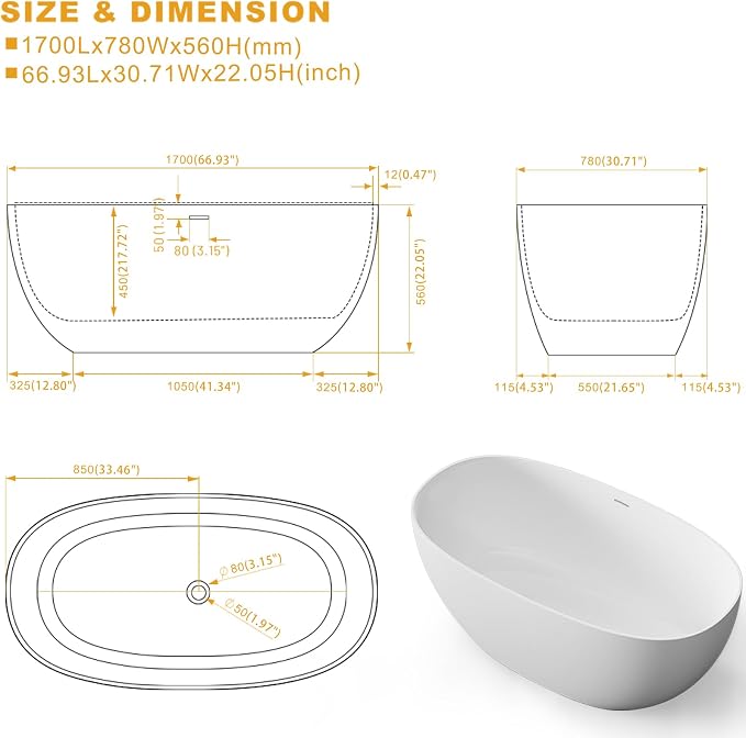 Stone Resin Freestanding Bathtubs, Soklawah 67" Solid Surface Luxury Soaking Tub - Image 7