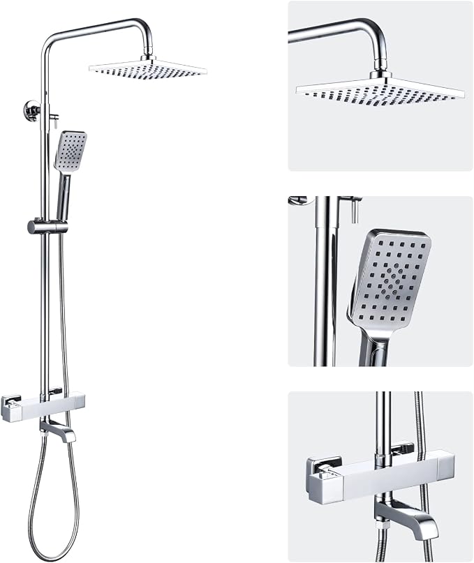 Shower Faucet Set 8" Square Shower Head 3 Function Thermostatic Rainfall Shower by LFGUD