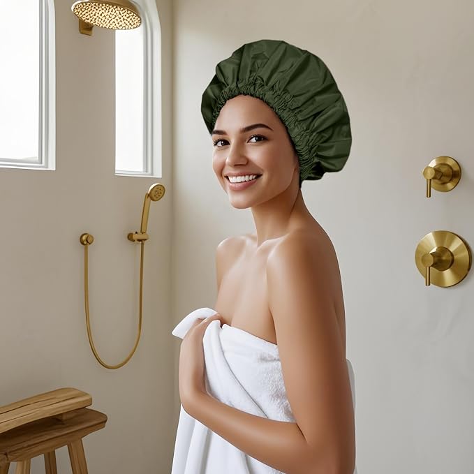 Reusable Shower Cap for Women, Large Waterproof Shower Essentials Bonnet - Image 4