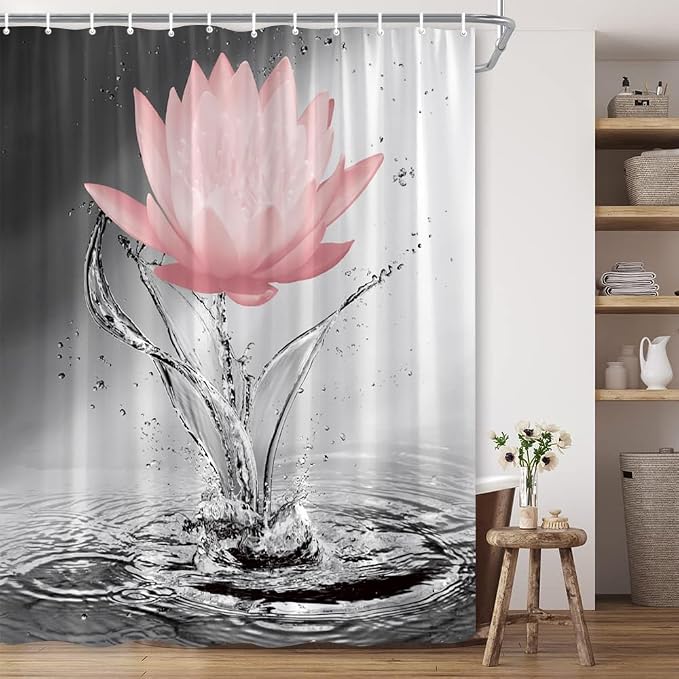 Lotus Shower Curtain Black White Grey Red Flower Elegant Blooming Floral by showercurtain