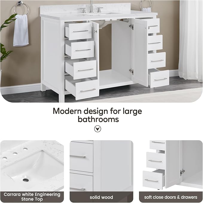 48’’White Bathroom Vanity with Sink, Solid Wood Bathroom Cabinet with Carrara - Image 3
