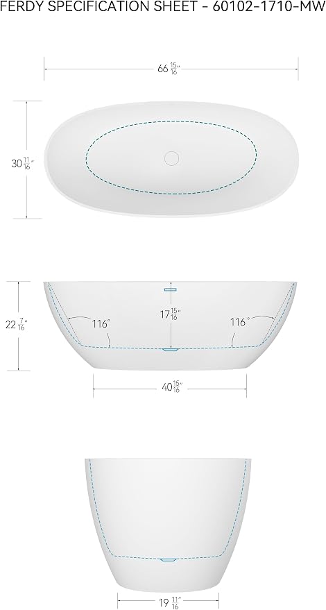 FerdY Goa 67" Resin Stone Freestanding Bathtub, Elegant Oval Freestanding - Image 7